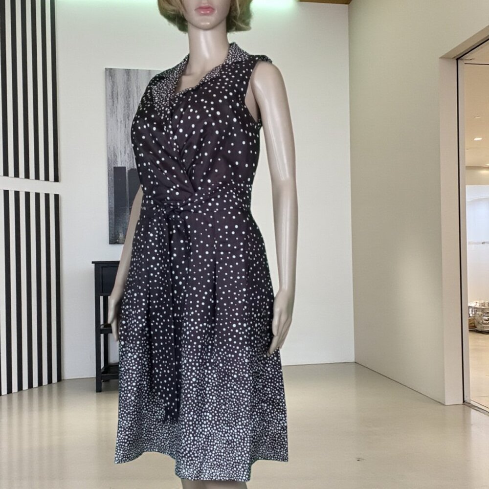 Perceptions New York Mock Wrap Dress Brown White Polka Dot Vneck Women's Size 8